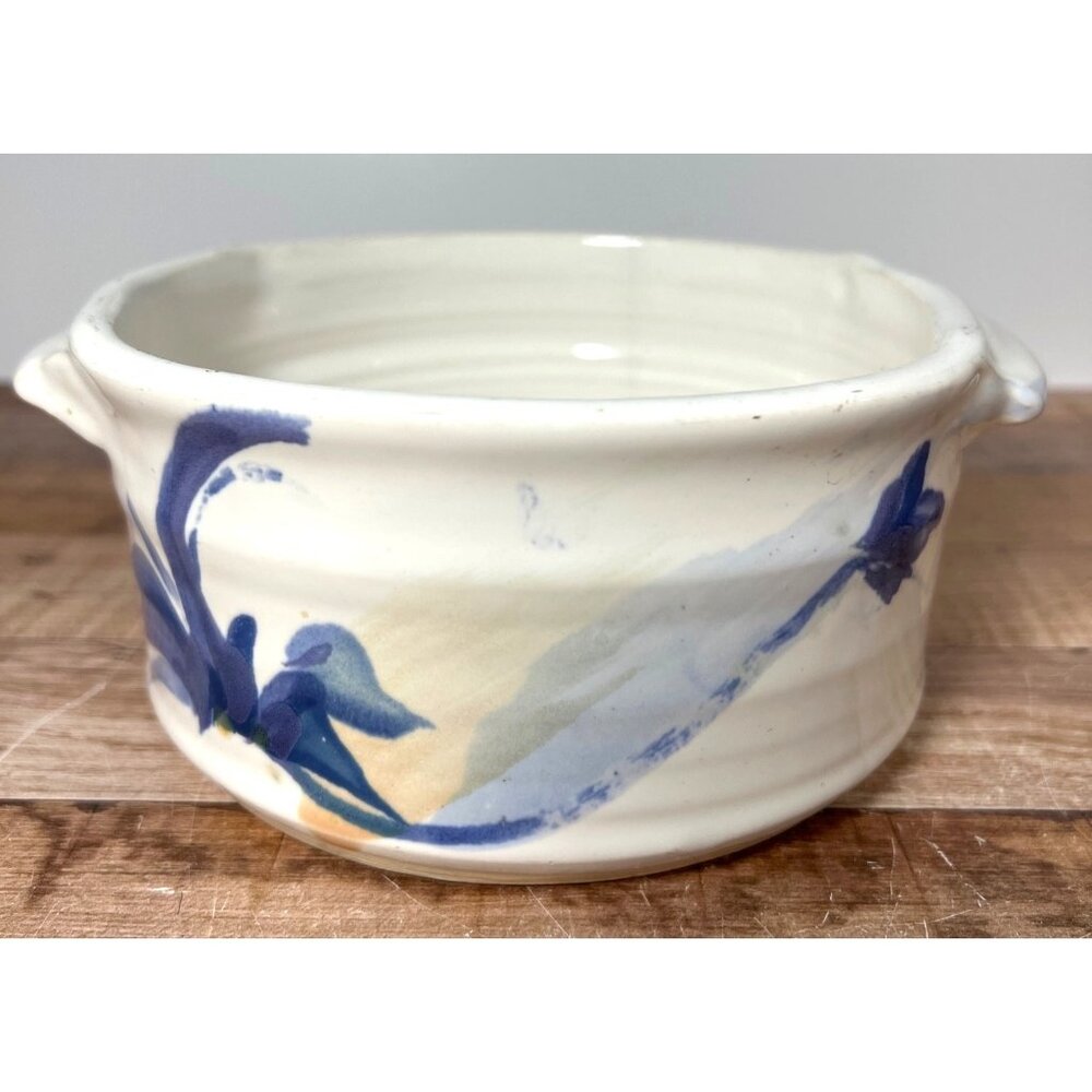 Handcrafted Pottery Bowl With Handles & Blue Floral Design